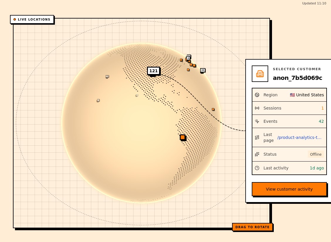 Vectr4 live locations view with a customer activity summary beside an interactive globe